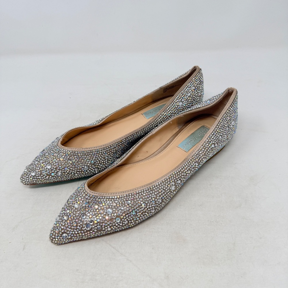 Betsey Johnson Pointed Toe Flats Silver 7.5 Sparkly Rhinestone Wedding Dressy